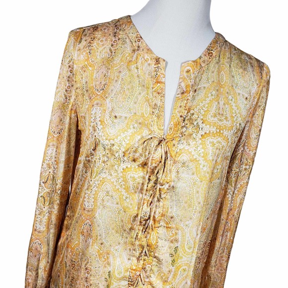 Zara Woman size Medium Yellow Print Long Sleeve Lace Up Polyester Tunic Dress - Picture 2 of 7
